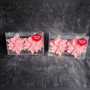New 4 Count Pink poinsettia Flocked Christmas Ornament, 5.31" bundle of 2